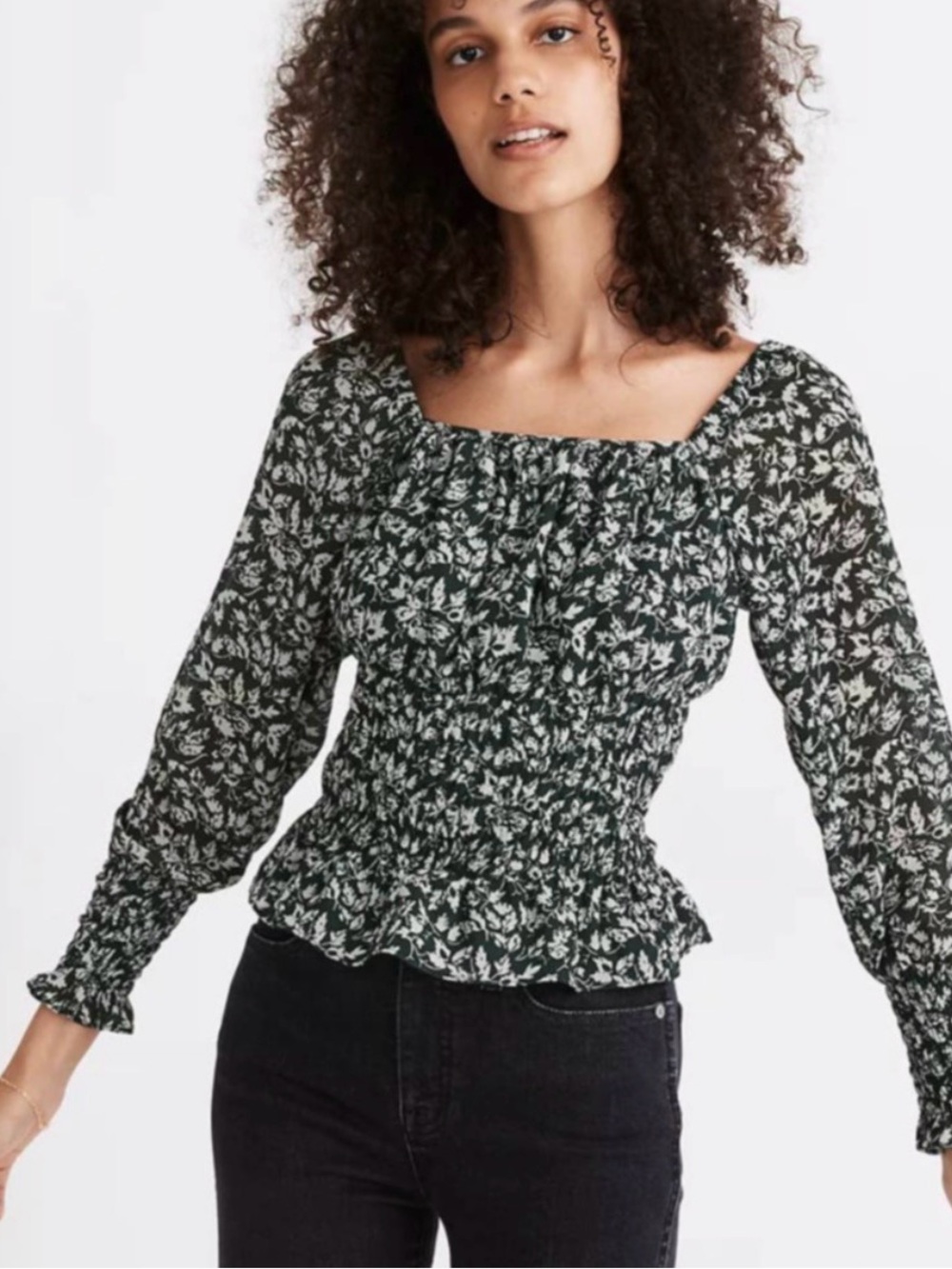 Madewell Green & White Floral Smocked Square-Neck Blouse